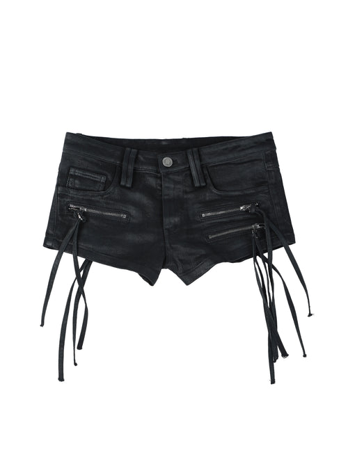 FRINGE LOW RISE DENIM SHORTS
