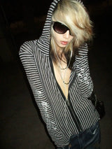 HOLLOW STRIPED LONG SLEEVE BLOUSE