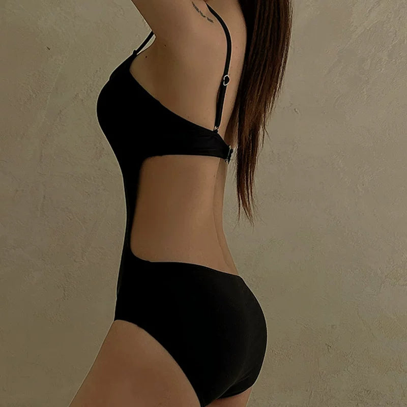 BLACK CUTOUT SPAGHETTI-STRAP SWIMSUIT