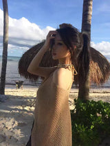 GOLD KNIT CARDIGAN AND LEOPARD BIKINI SET