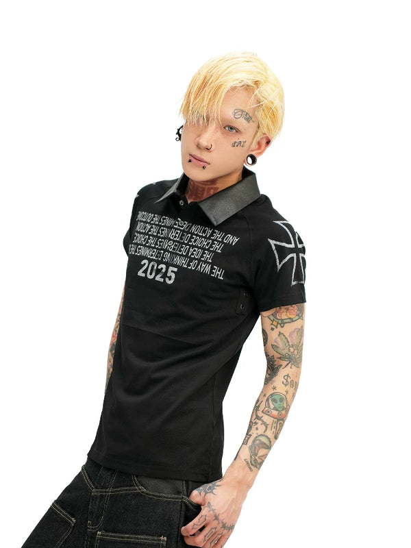PATCHWORK PU LEATHER POLO TEE