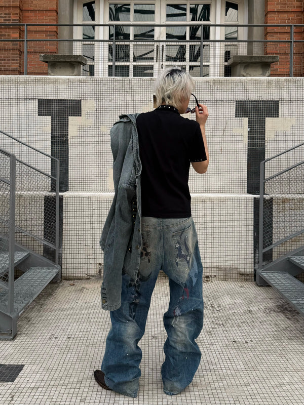 VINTAGE LEOPARD-PRINT RIPPED JEANS
