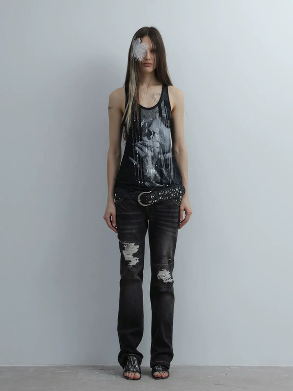 U NECK SEQUIN PRINT TANK TOP