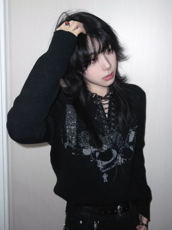 BLACK KNIT SWEATER WITH TIE COLLAR