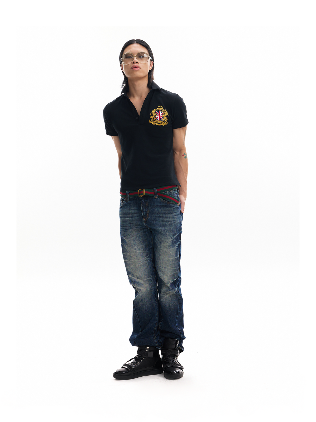 BEIGE FLAG EMBROIDERED POLO T-SHIRT