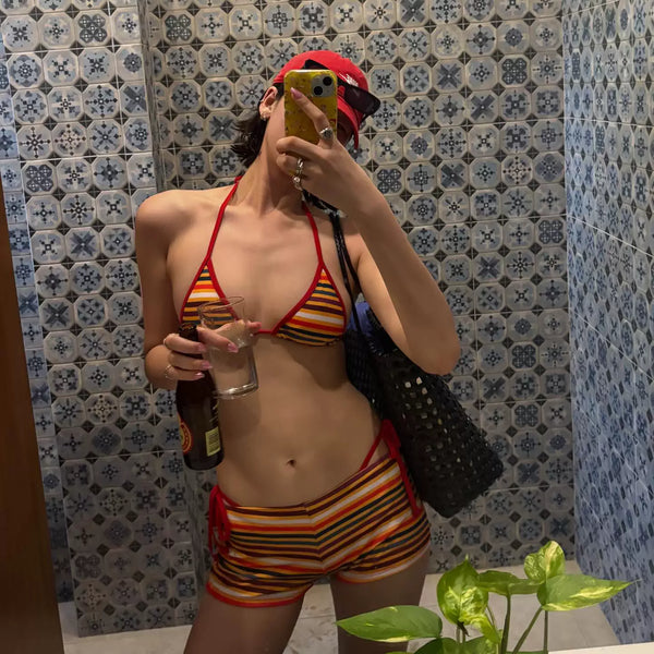 COLOR-BLOCKED STRIPED BIKINI SET