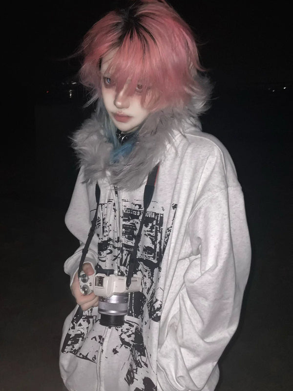 Y2K FUR COLLAR CARDIGAN