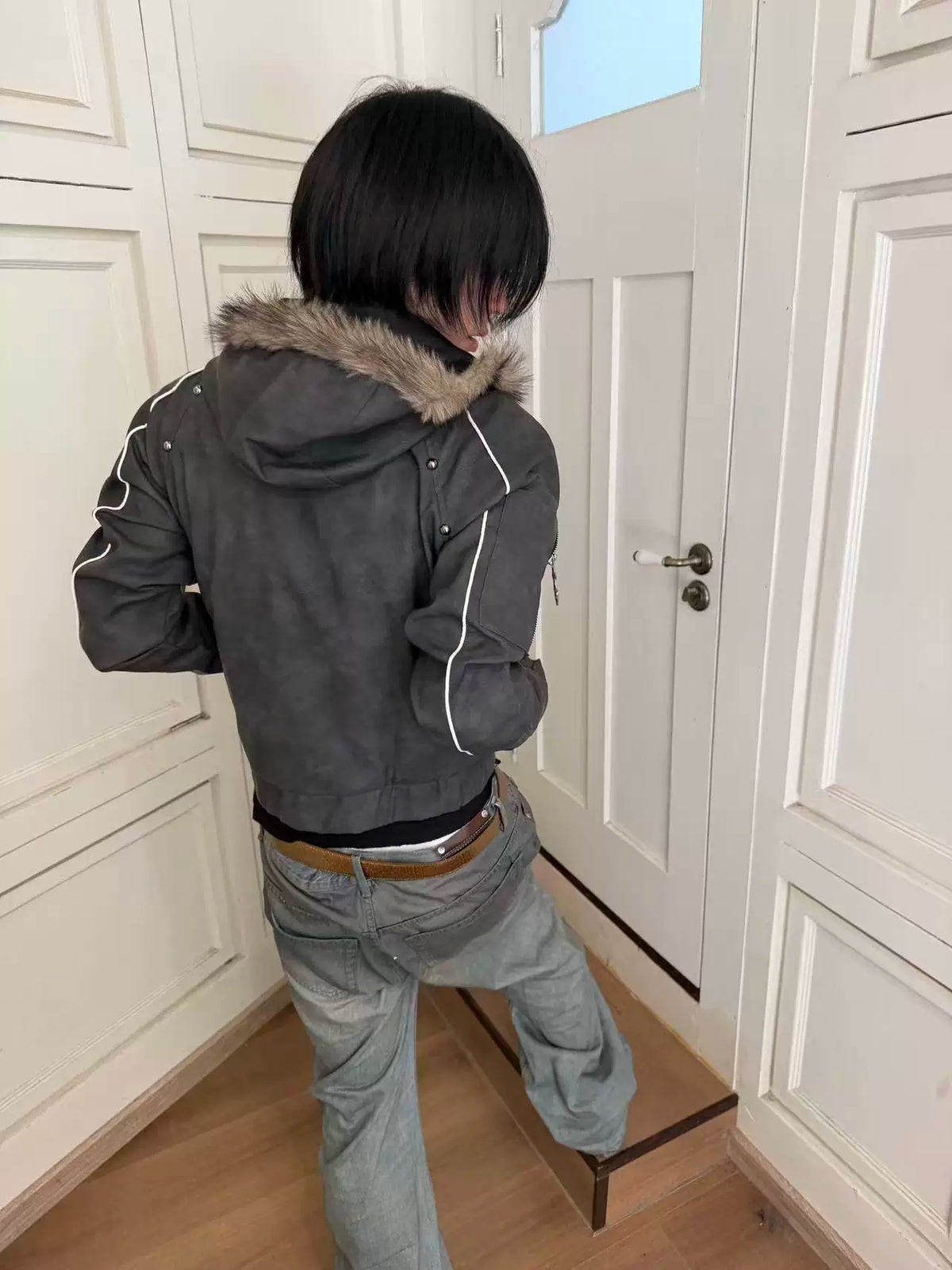 RIVET PRINT HOODED LEATHER JACKET