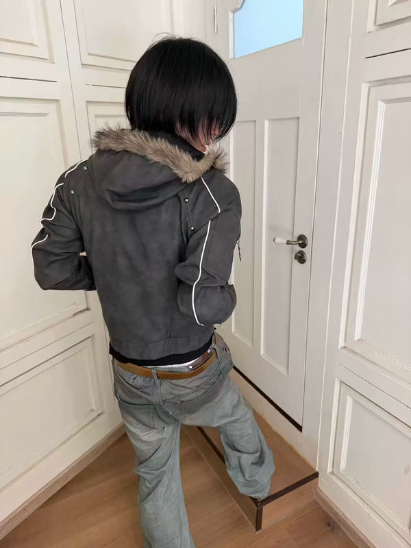 RIVET PRINT HOODED LEATHER JACKET