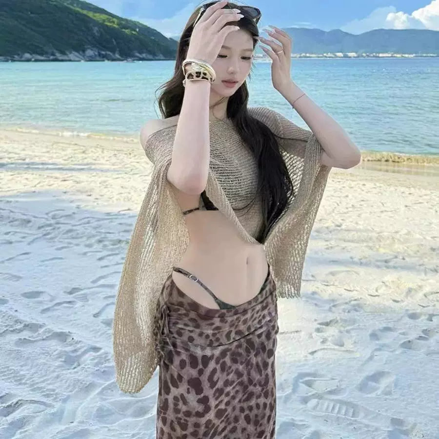 GOLD KNIT CARDIGAN AND LEOPARD BIKINI SET