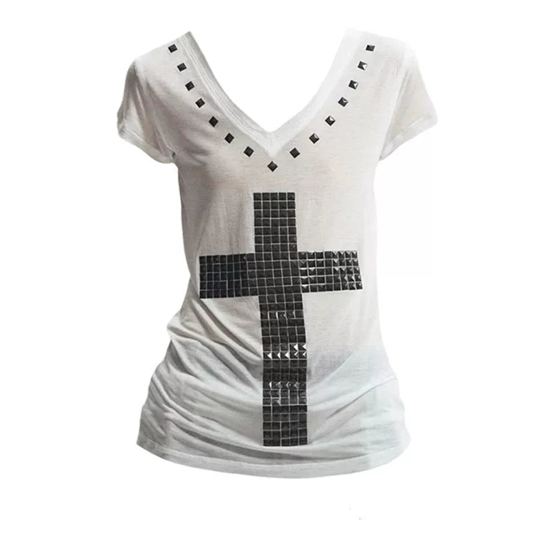 RHINESTONE V-NECK SLIM T-SHIRT