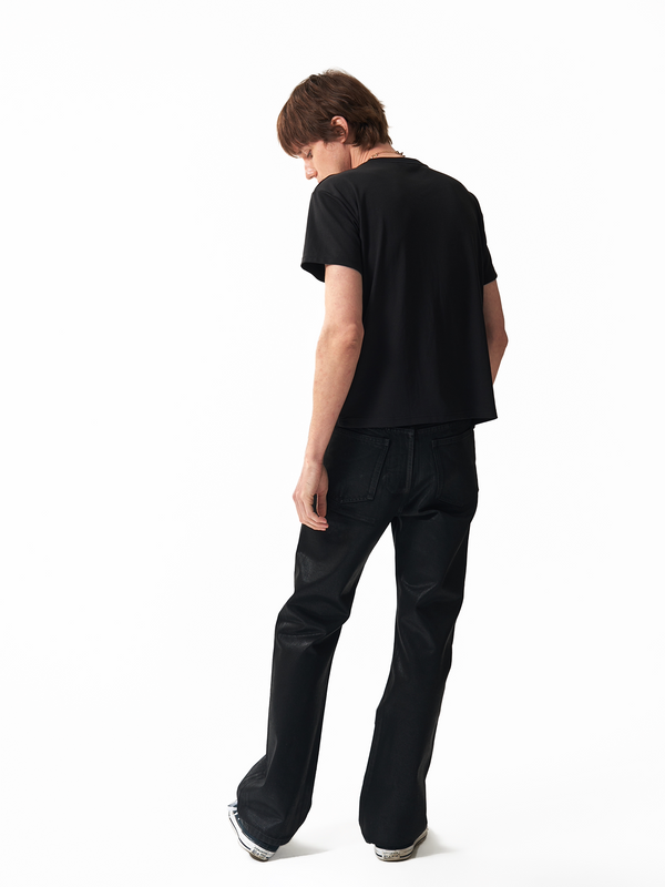 BLACK WAXED FLARED JEANS