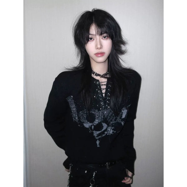BLACK KNIT SWEATER WITH TIE COLLAR