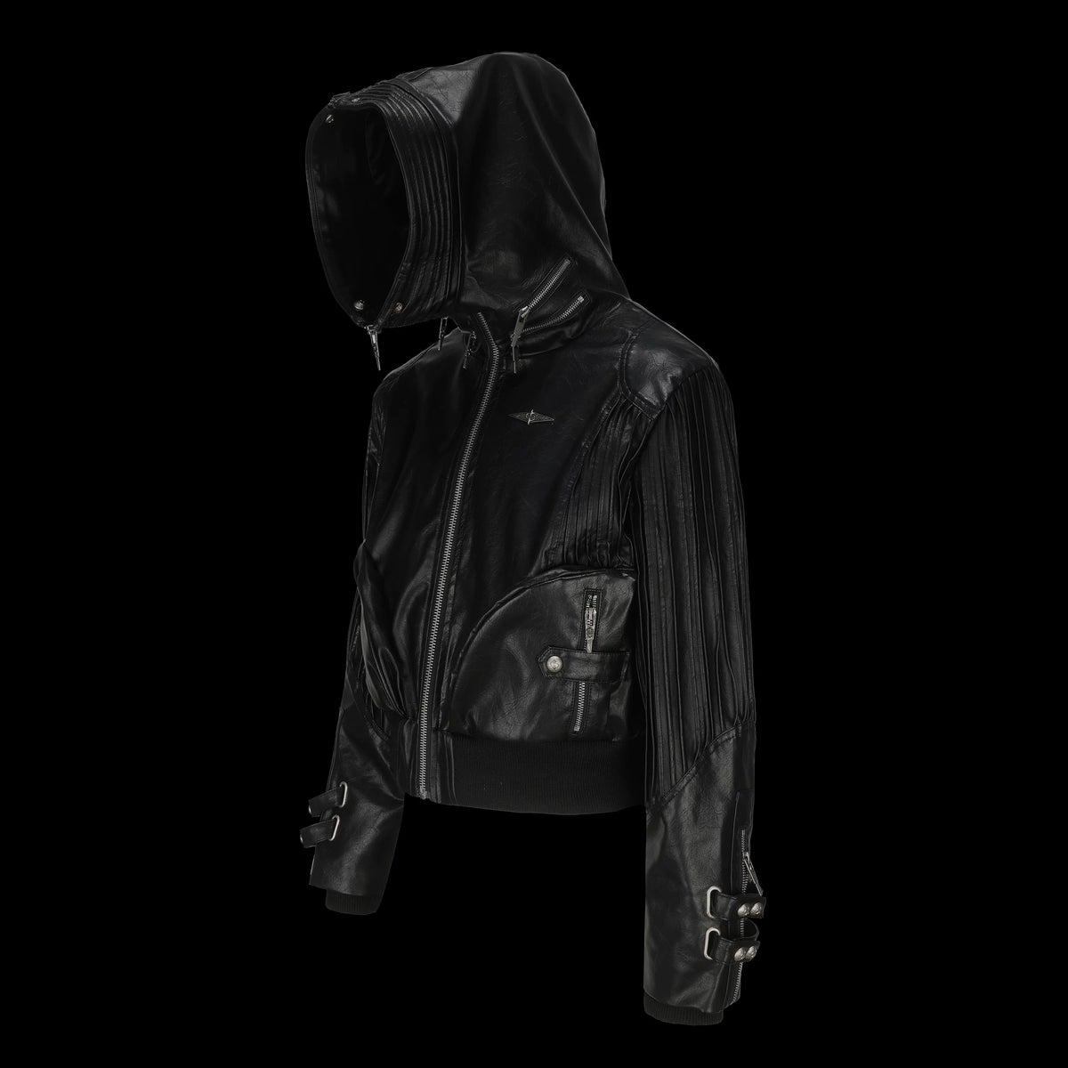 PLEATED LEATHER HOODED JACKET