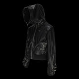 PLEATED LEATHER HOODED JACKET