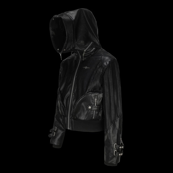 PLEATED LEATHER HOODED JACKET