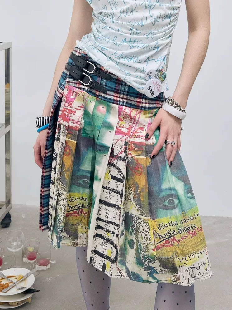 PLAID PLEATED LEATHER SKIRT
