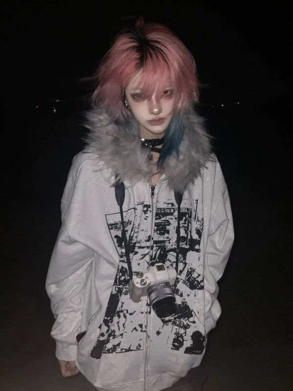 Y2K FUR COLLAR CARDIGAN