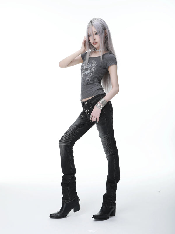 RHINESTONE WINGED U NECK T-SHIRT