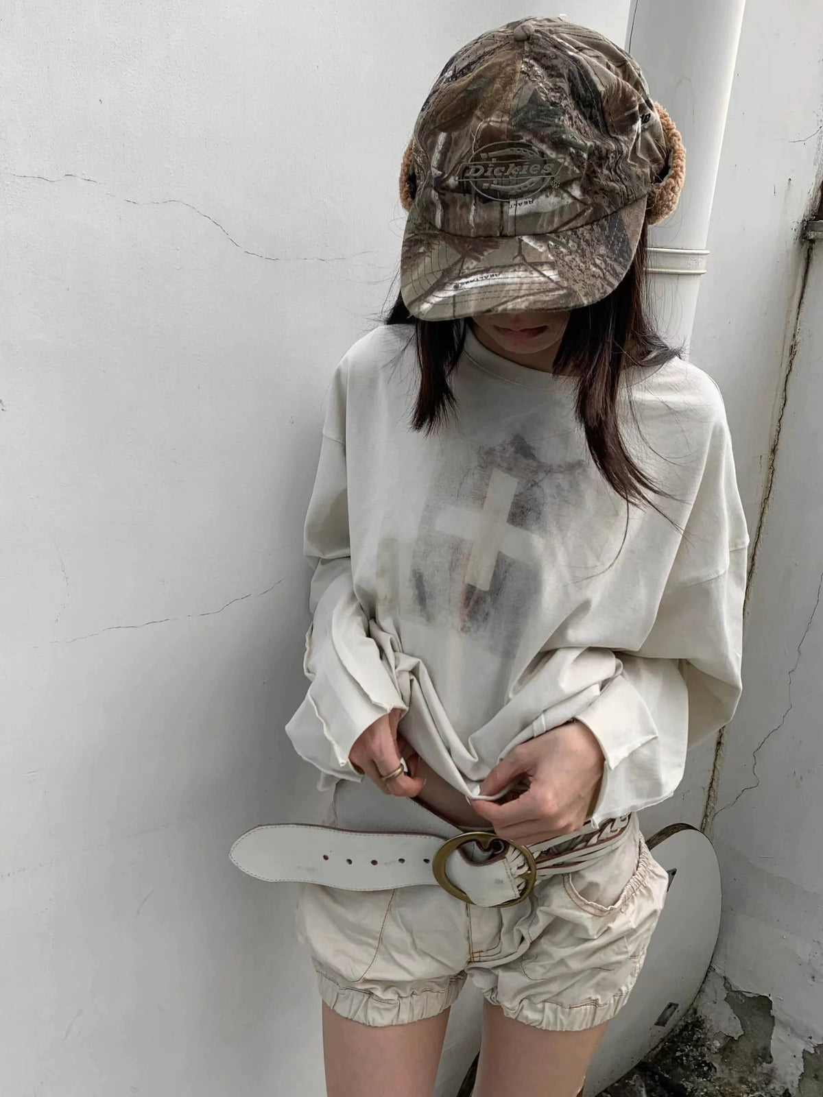 BEIGE PRINTED PLEAT T-SHIRT