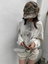 BEIGE PRINTED PLEAT T-SHIRT