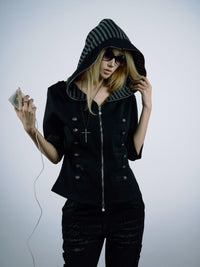 BUTTONED HOODED STRIPED T-SHIRT
