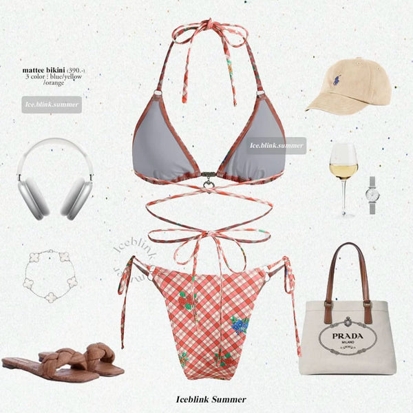 CHECKERED TIE-STRAP BIKINI SET