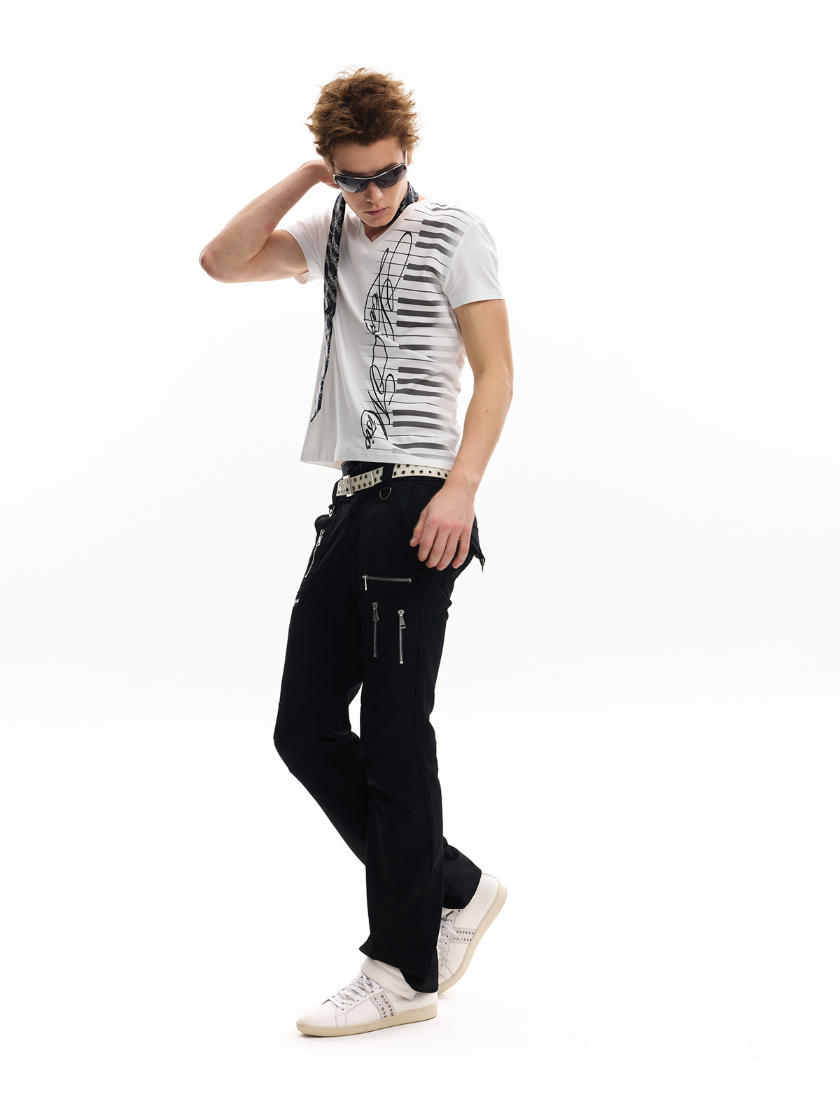 GLOSSY MULTI-ZIPPER SLIM TROUSERS