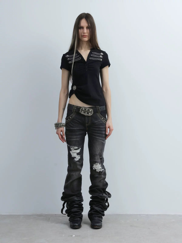 LOW RISE RIPPED JEANS WITH WHISKERS