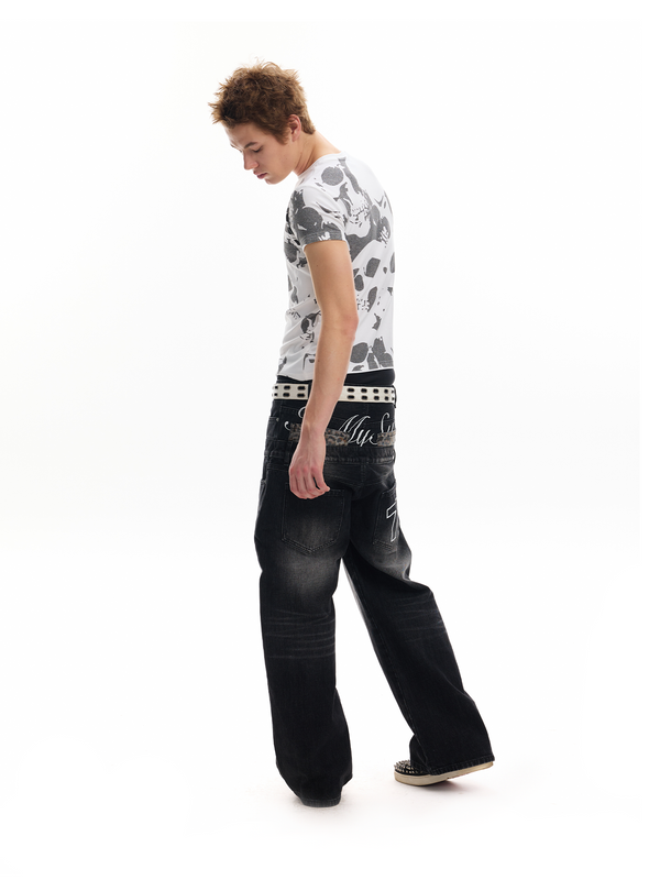 LEOPARD EMBELLISHED BAGGY JEANS