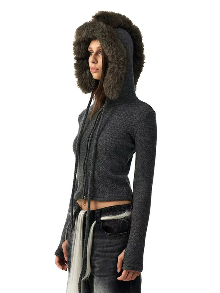 KNITTED JACKET WITH DETACHABLE FUR COLLAR