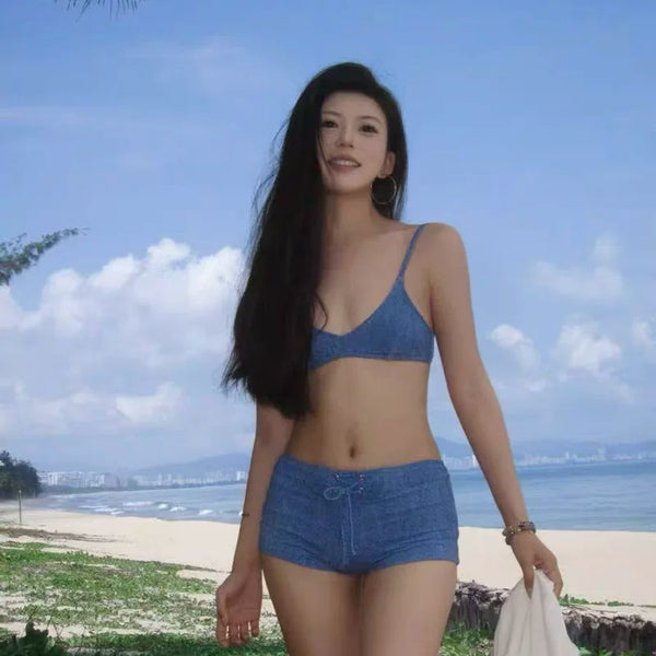 STRAPLESS DENIM TWO-PIECE SWIMSUIT
