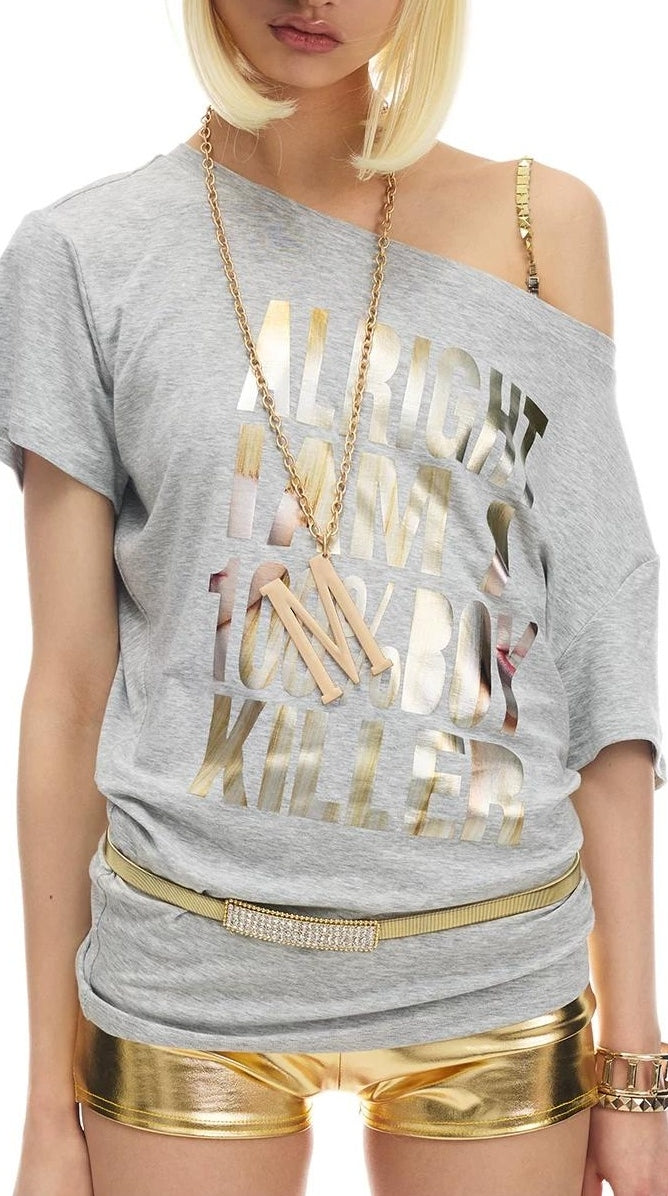 メタリック・フローラル・オフショルダー・Tシャツ