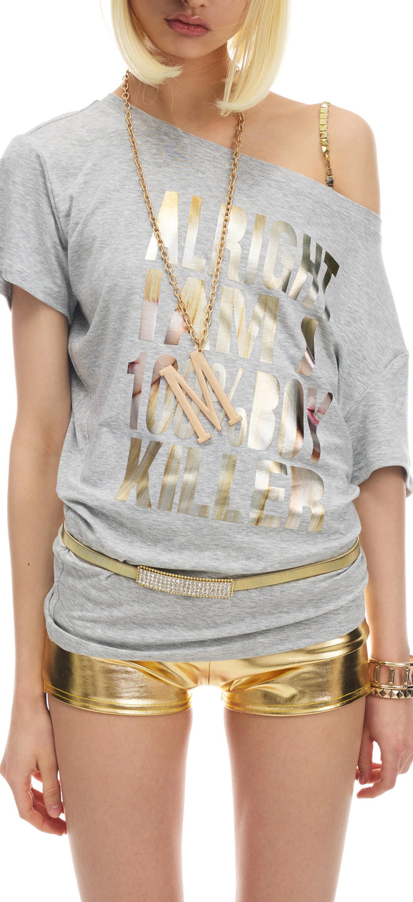 メタリック・フローラル・オフショルダー・Tシャツ