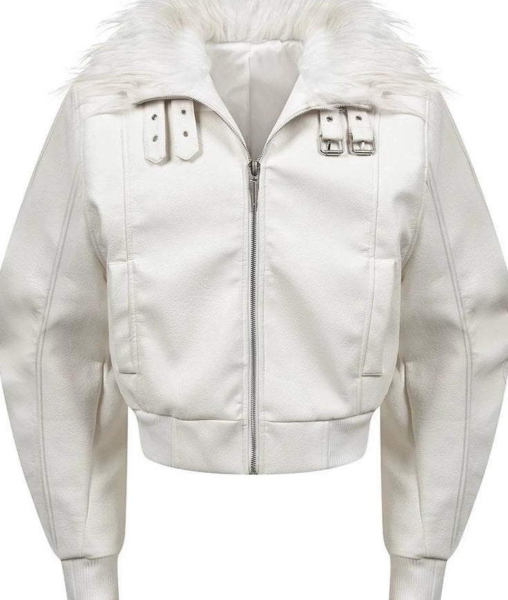 FAUX FUR COLLAR LEATHER JACKET