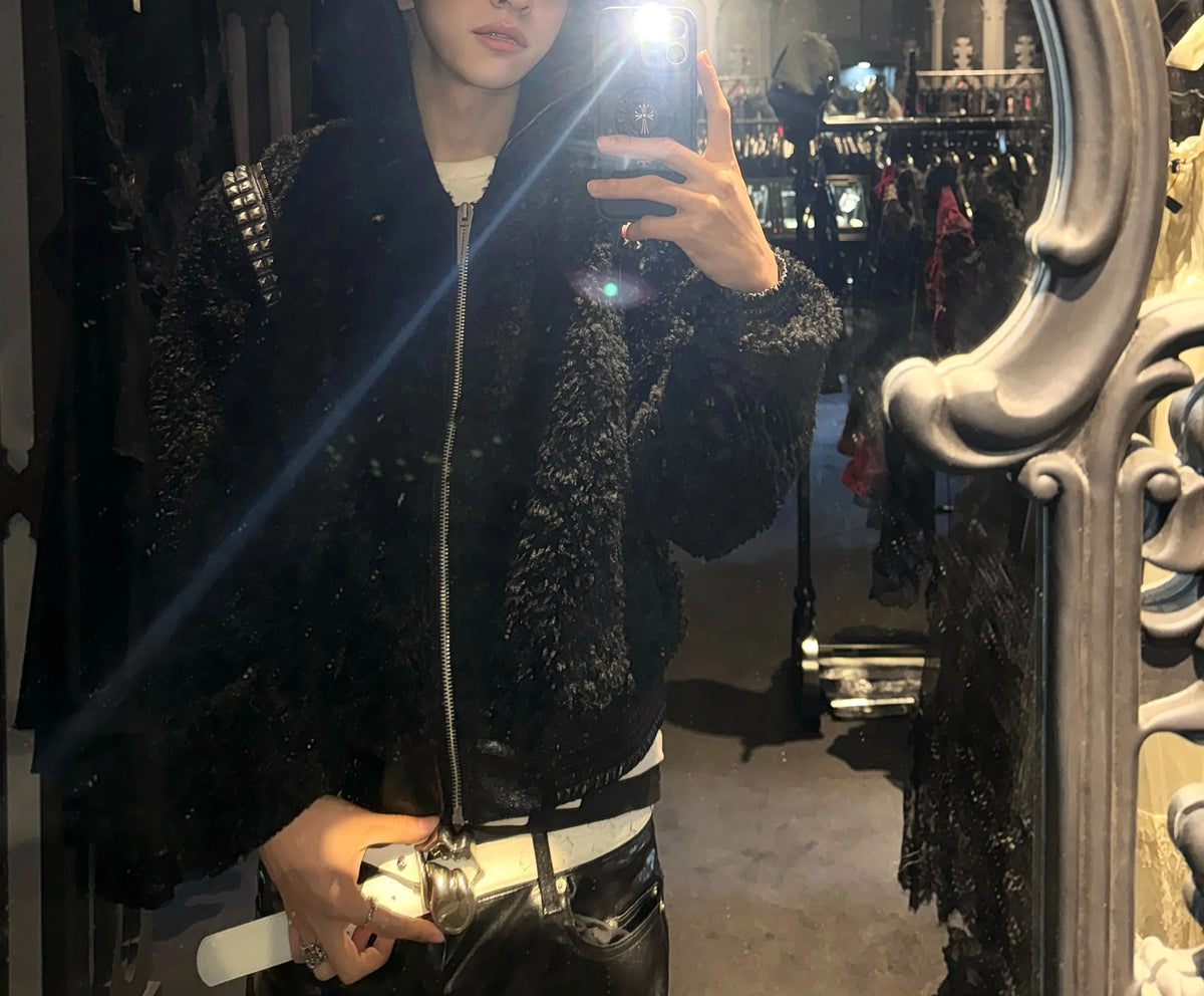 PLUSH PATCHWORK SUEDE HOODED JACKET