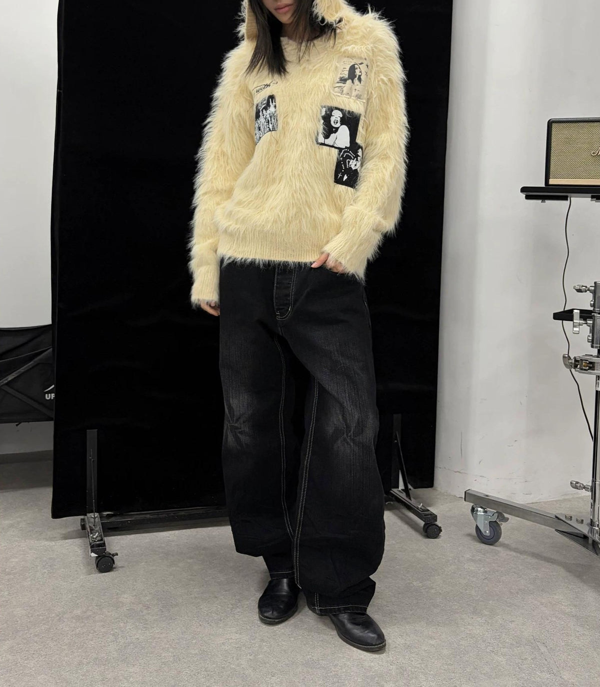 ハンドメイドブラックワイドレッグジーンズ
