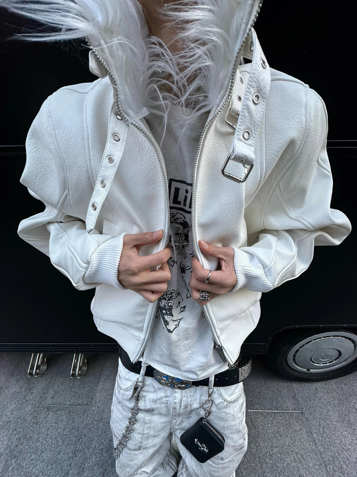FAUX FUR COLLAR LEATHER JACKET