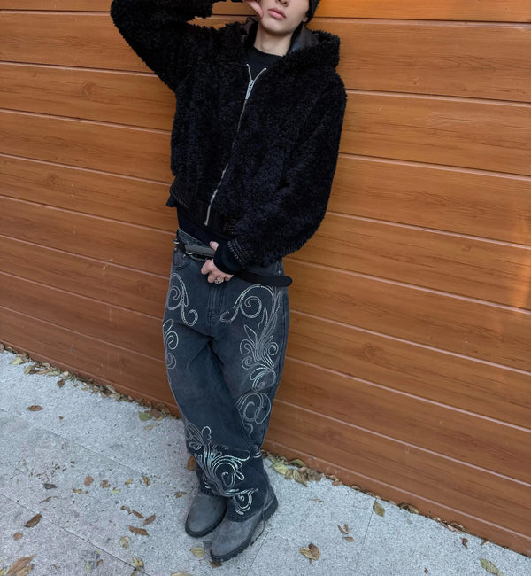 PLUSH PATCHWORK SUEDE HOODED JACKET