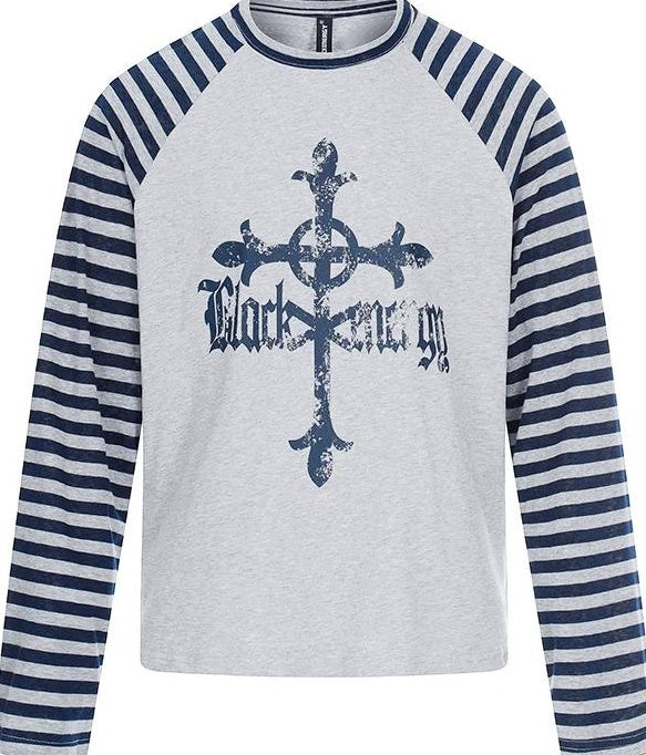 グレー ストライプ ラグラン Tシャツ