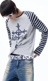 グレー ストライプ ラグラン Tシャツ