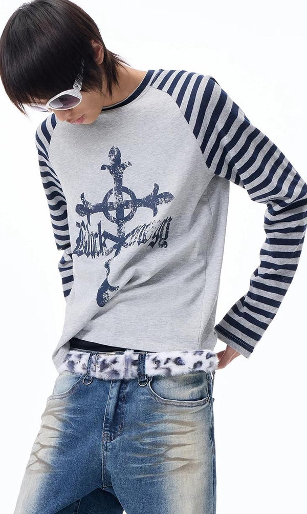 グレー ストライプ ラグラン Tシャツ