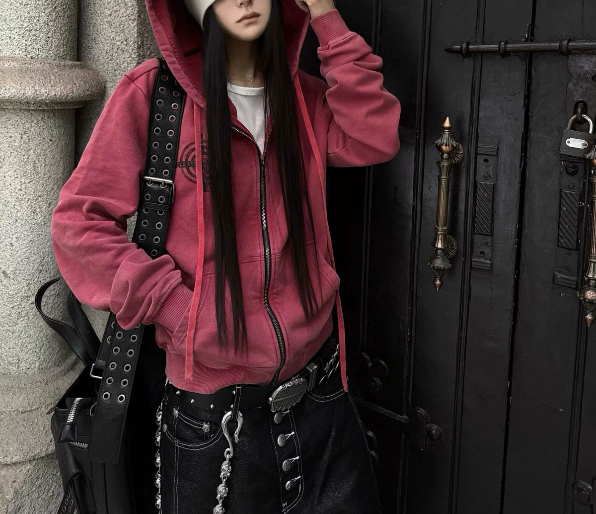 PINK WASHED ZIPPER HOODIE