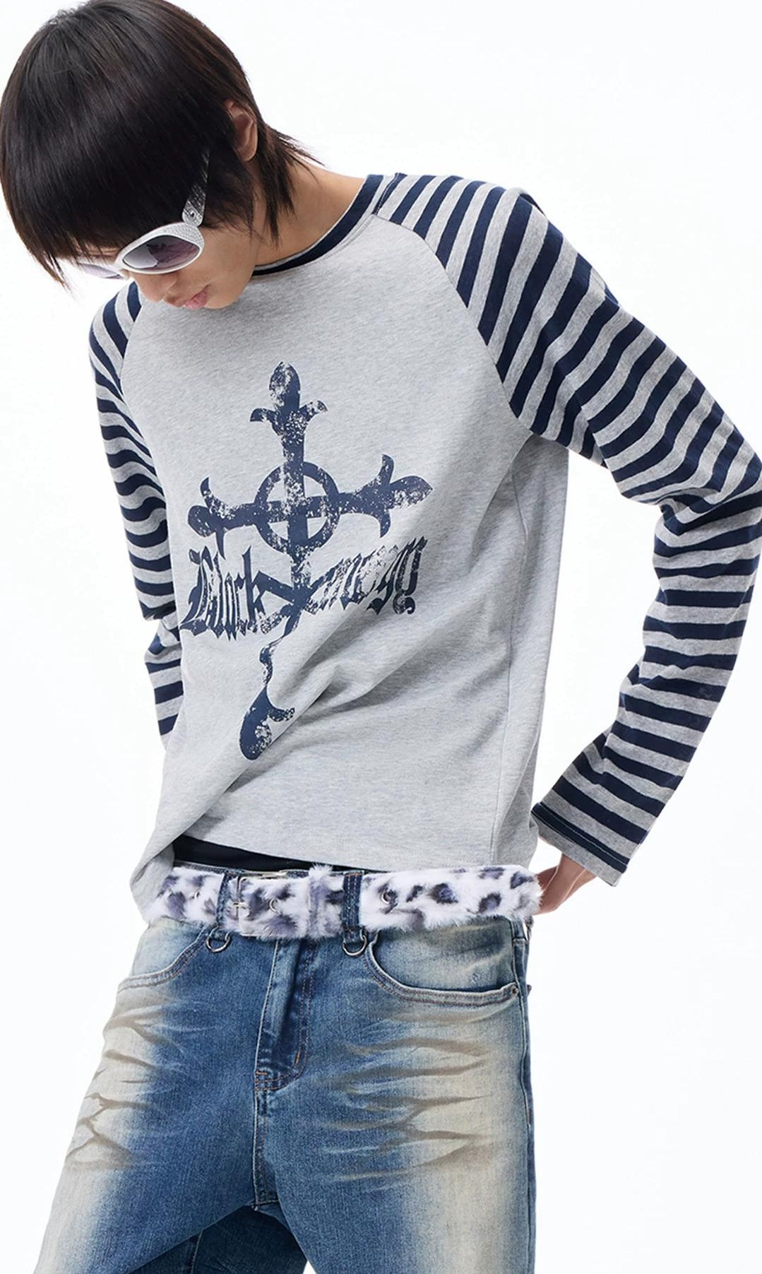 グレー ストライプ ラグラン Tシャツ