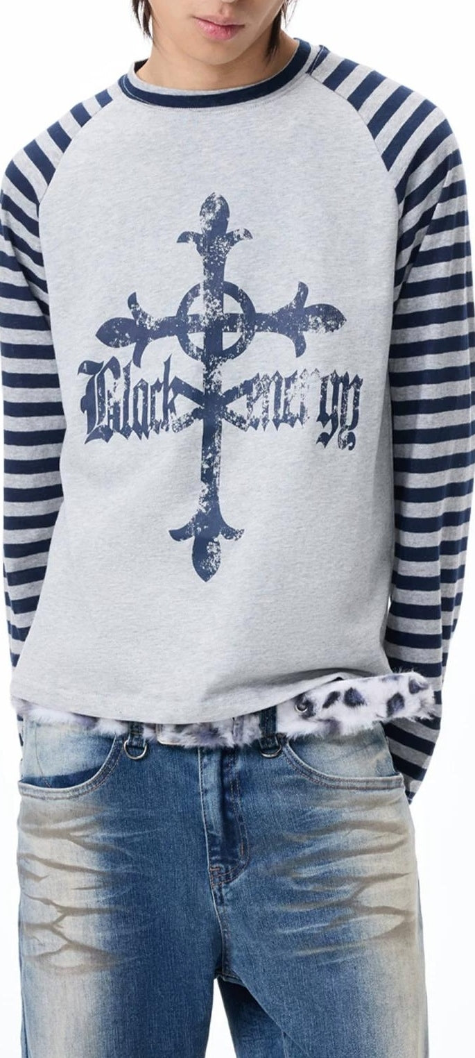 グレー ストライプ ラグラン Tシャツ